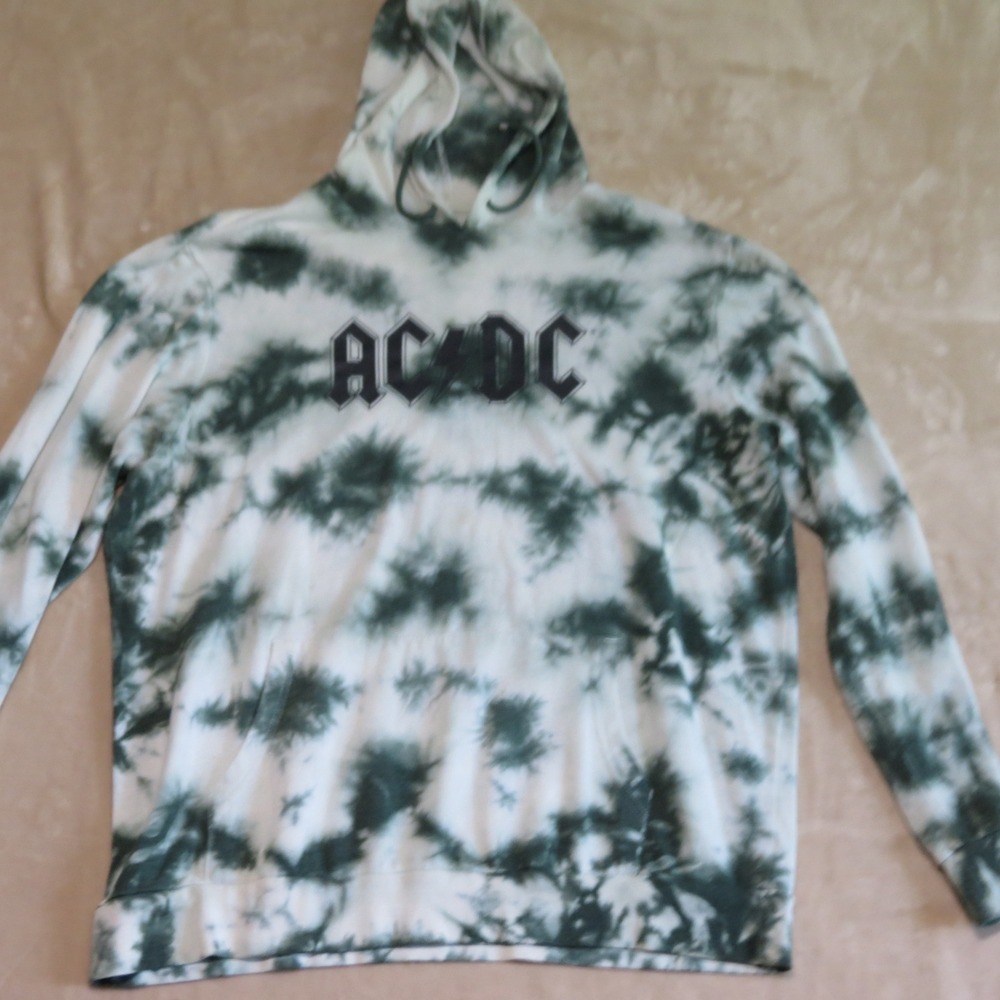 AC/DC Mens Green White Tie Dye Graphic Hoodie Sweatshirt XL Rock Band Logo